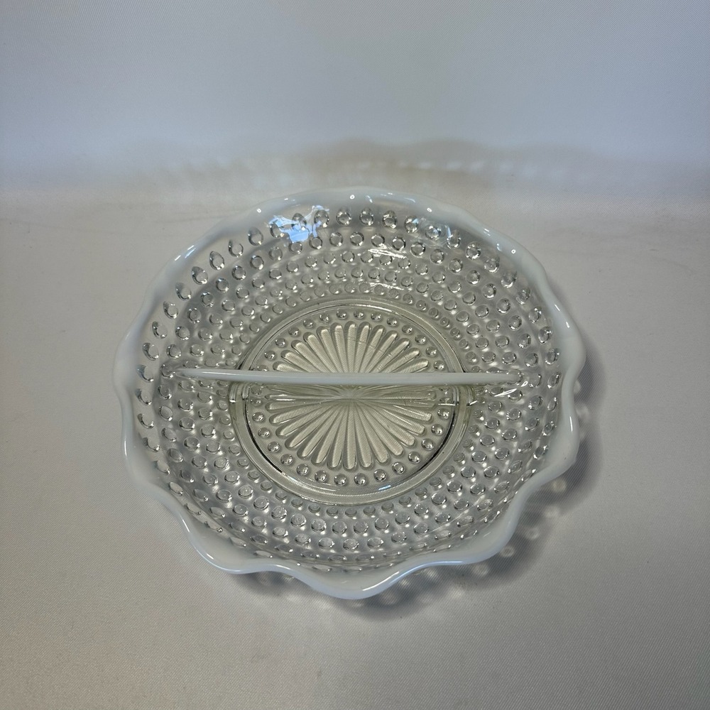 Vintage Anchor Hocking Moonstone Hobnail Divided Opalescent Relish Candy Dish